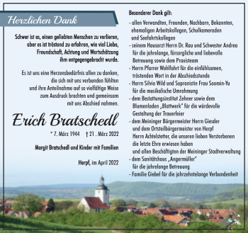 Traueranzeige von Erich Bratschedl von Südthüringer Presse