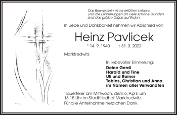 Traueranzeige von Heinz Pavlicek von Frankenpost