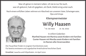 Traueranzeige von Willy Haasen von Südthüringer Presse