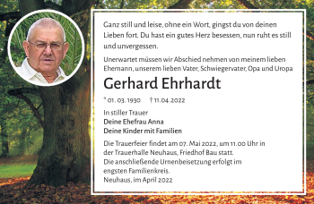 Traueranzeige von Gerhard Ehrhardt von Südthüringer Presse