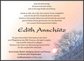Traueranzeige von Edith Anschütz von Südthüringer Presse
