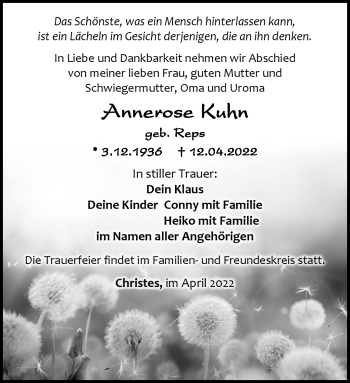 Traueranzeige von Annerose Kuhn von Südthüringer Presse