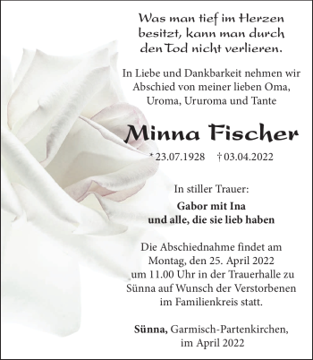 Traueranzeige von Minna Fischer von Südthüringer Presse