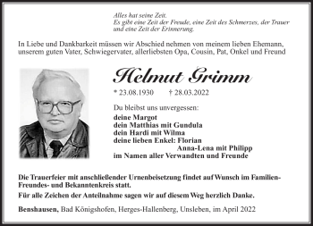 Traueranzeige von Helmut Grimm von Südthüringer Presse