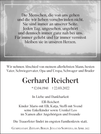 Traueranzeige von Gerhard Reichert von Südthüringer Presse