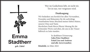 Traueranzeige von Emma Stadtherr von Südthüringer Presse