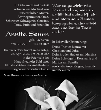 Traueranzeige von Annita Semm von Südthüringer Presse