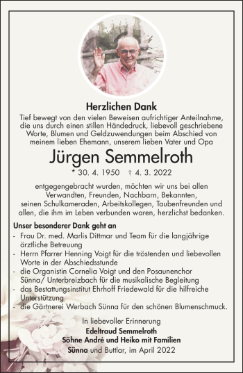 Traueranzeige von Jürgen Semmelroth von Südthüringer Presse