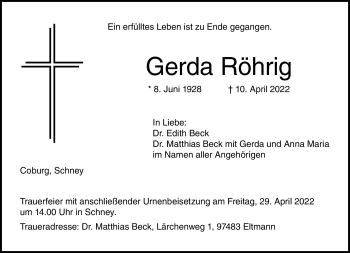 Traueranzeige von Gerda Röhrig von Neue Presse Coburg