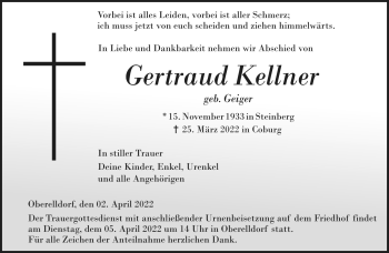 Traueranzeige von Gertraud Kellner von Neue Presse Coburg