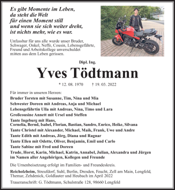 Traueranzeige von Yves Tödtmann von Südthüringer Presse