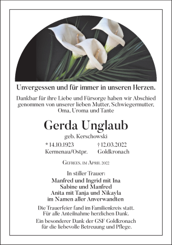 Traueranzeige von Gerda Unglaub von Frankenpost