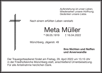 Traueranzeige von Meta Müller von Frankenpost