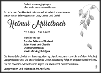 Traueranzeige von Helmut Mittelbach von Südthüringer Presse