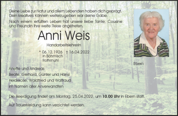 Traueranzeige von Anni Weis von Neue Presse Coburg
