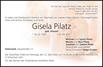Traueranzeige von Gisela Pilatz von Neue Presse Coburg