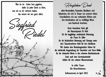 Traueranzeige von Siegfried Riedel von Südthüringer Presse