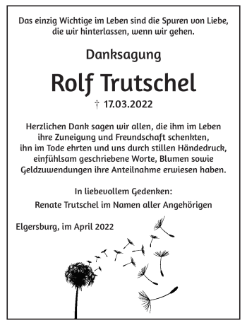 Traueranzeige von Rolf Trutschel von Südthüringer Presse