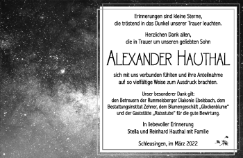 Traueranzeige von Alexander Hauthal von Südthüringer Presse