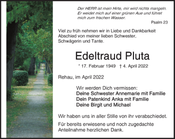 Traueranzeige von Edeltraud Pluta von Frankenpost