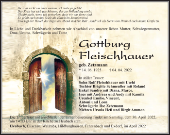 Traueranzeige von Gottburg Fleischhauer von Südthüringer Presse