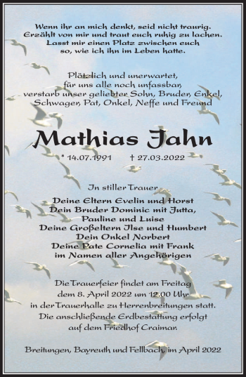 Traueranzeige von Mathias Jahn von Südthüringer Presse