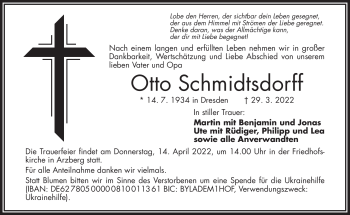 Traueranzeige von Otto Schmidtsdorff von Frankenpost