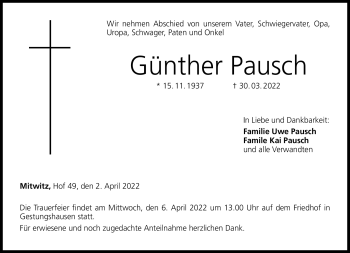 Traueranzeige von Günther Pausch von Neue Presse Coburg