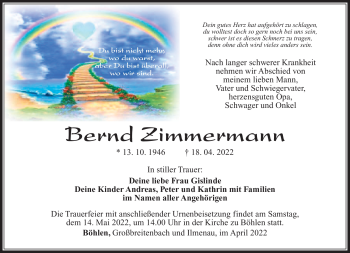 Traueranzeige von Bernd Zimmermann von Südthüringer Presse