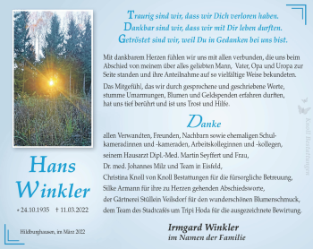 Traueranzeige von Hans Winkler von Südthüringer Presse