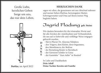 Traueranzeige von Ingrid Fladung von Südthüringer Presse