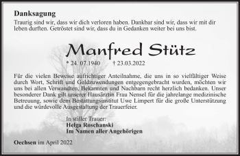 Traueranzeige von Manfred Stütz von Südthüringer Presse