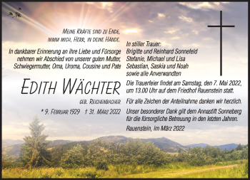 Traueranzeige von Edith Wächter von Südthüringer Presse