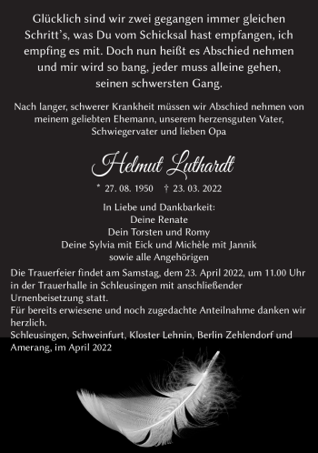 Traueranzeige von Helmut Luthardt von Südthüringer Presse