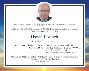 Traueranzeige von Oswin Förtsch von Südthüringer Presse