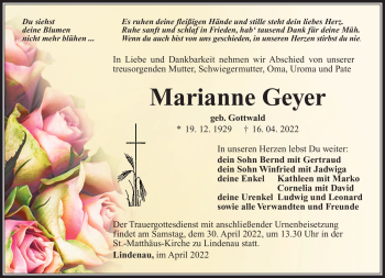 Traueranzeige von Marianne Geyer von Südthüringer Presse