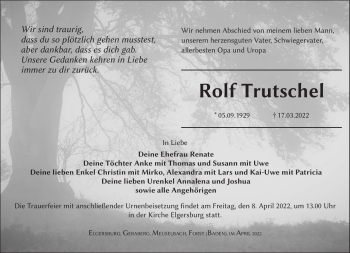Traueranzeige von Rolf Trutschel von Südthüringer Presse