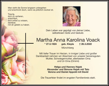 Traueranzeige von Martha Voack von Frankenpost