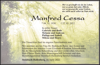 Traueranzeige von Manfred Cessa von Südthüringer Presse