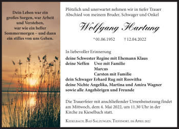Traueranzeige von Wolfgang Hartung von Südthüringer Presse
