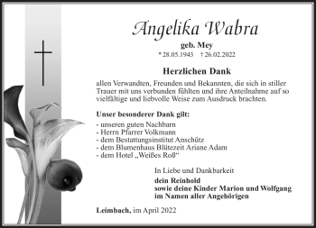 Traueranzeige von Angelika Wabra von Südthüringer Presse