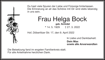 Traueranzeige von Helga Bock von Frankenpost