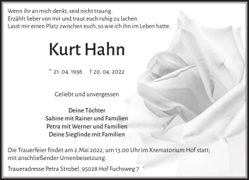 Traueranzeige von Kurt Hahn von Frankenpost