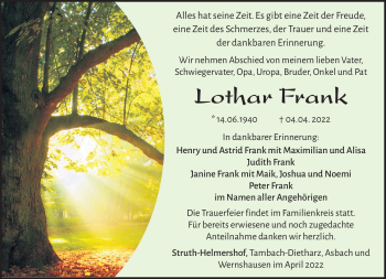 Traueranzeige von Lothar Frank von Südthüringer Presse