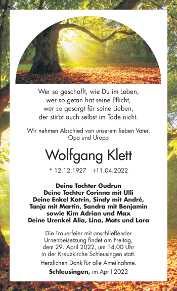 Traueranzeige von Wolfgang Klett von Südthüringer Presse