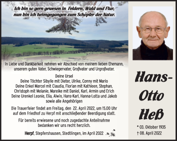 Traueranzeige von Hans-Otto Heß von Südthüringer Presse