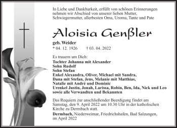 Traueranzeige von Aloisia Genßler von Südthüringer Presse
