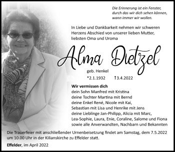 Traueranzeige von Alma Dietzel von Südthüringer Presse