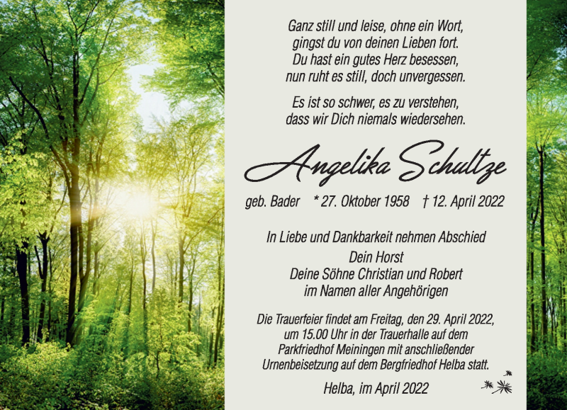  Traueranzeige für Angelika Schultze vom 23.04.2022 aus Südthüringer Presse
