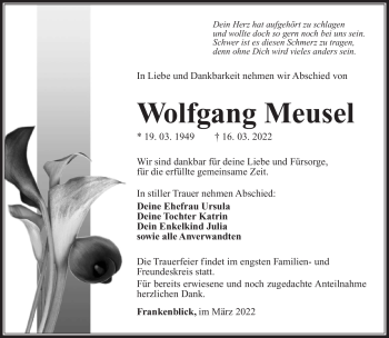 Traueranzeige von Wolfgang Meusel von Südthüringer Presse